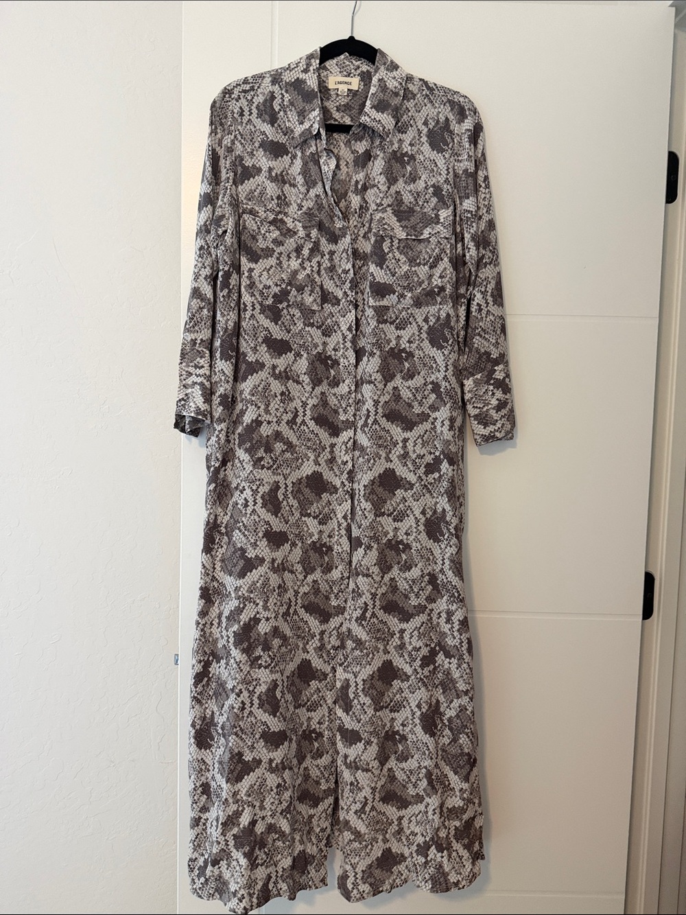 L’AGENCE Python Print Long Shirt Dress in light grey